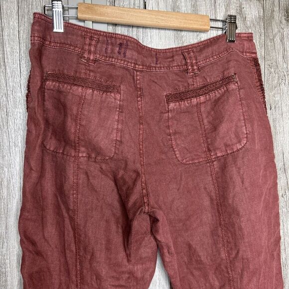 Anthropologie Hei Hei Linen Pants Roll Up Lace Embroidered Trim Rusted Red Sz 28 - Picture 7 of 8